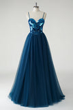 Sparkly Dark Blue Mirror A-Line Long Prom Dress