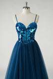 Sparkly Dark Blue Mirror A-Line Long Prom Dress