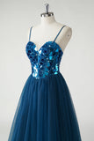 Sparkly Dark Blue Mirror A-Line Long Prom Dress