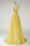 Amarelo A Line Deep V-Neck Long Prom Dress