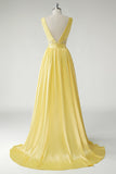 Amarelo A Line Deep V-Neck Long Prom Dress