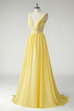 Amarelo A Line Deep V-Neck Long Prom Dress