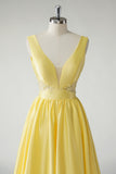 Amarelo A Line Deep V-Neck Long Prom Dress