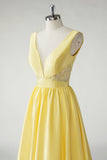 Amarelo A Line Deep V-Neck Long Prom Dress