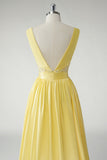 Amarelo A Line Deep V-Neck Long Prom Dress