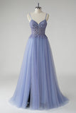 Cinzento Brilhante Azul Uma Linha Tulle Prom Dress com Fenda