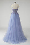 Cinzento Brilhante Azul Uma Linha Tulle Prom Dress com Fenda