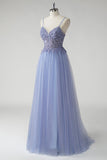 Cinzento Brilhante Azul Uma Linha Tulle Prom Dress com Fenda