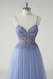 Cinzento Brilhante Azul Uma Linha Tulle Prom Dress com Fenda