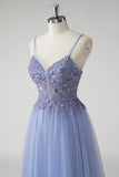 Cinzento Brilhante Azul Uma Linha Tulle Prom Dress com Fenda