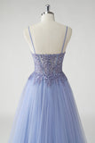 Cinzento Brilhante Azul Uma Linha Tulle Prom Dress com Fenda