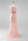 Verde V-Neck Sereia Appliques Sequins Cap Mangas Vestido de baile