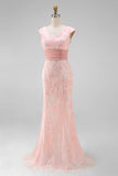 Verde V-Neck Sereia Appliques Sequins Cap Mangas Vestido de baile