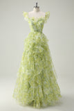 Dusty Sage Floral babado A-Line Square Neck Long Prom Dress