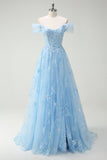 Sparkly Sky Blue fora do ombro A-Line vestido de baile com fenda