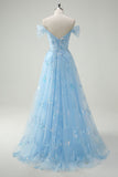 Sparkly Sky Blue fora do ombro A-Line vestido de baile com fenda