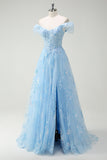 Sparkly Sky Blue fora do ombro A-Line vestido de baile com fenda