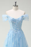 Sparkly Sky Blue fora do ombro A-Line vestido de baile com fenda