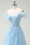 Sparkly Sky Blue fora do ombro A-Line vestido de baile com fenda