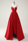 Red Ball-Gown Esparguete Correias Lace Up Back Long Prom Dress with Slit