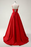 Red Ball-Gown Esparguete Correias Lace Up Back Long Prom Dress with Slit