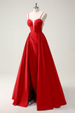 Red Ball-Gown Esparguete Correias Lace Up Back Long Prom Dress with Slit