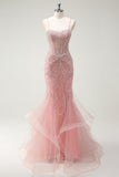 Brilhante Rosa Sereia Esparguete Correias Corset Long Prom Dress