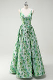 Sparkly Green Floral A-Line Esparguete Correias Long Prom Dress