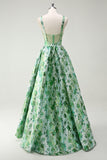 Sparkly Green Floral A-Line Esparguete Correias Long Prom Dress