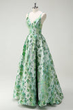 Sparkly Green Floral A-Line Esparguete Correias Long Prom Dress