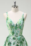 Sparkly Green Floral A-Line Esparguete Correias Long Prom Dress