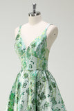 Sparkly Green Floral A-Line Esparguete Correias Long Prom Dress