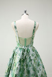 Sparkly Green Floral A-Line Esparguete Correias Long Prom Dress