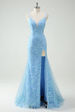 Sky Blue Sereia Esparguete Correias Appliqued Long Prom Dress com Fenda