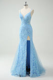 Sky Blue Sereia Esparguete Correias Appliqued Long Prom Dress com Fenda