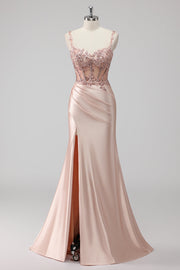 Vestido de Baile em Cetim Rosa Brilhante com Aplicações Corpete e Fenda