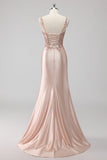 Blush Cetim Sereia Lantejoulas Long Prom Dress com Fenda