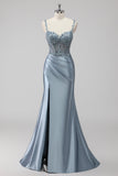 Blush Cetim Sereia Lantejoulas Long Prom Dress com Fenda