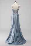 Blush Cetim Sereia Lantejoulas Long Prom Dress com Fenda