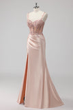 Blush Cetim Sereia Lantejoulas Long Prom Dress com Fenda