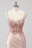 Blush Cetim Sereia Lantejoulas Long Prom Dress com Fenda