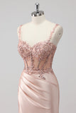 Blush Cetim Sereia Lantejoulas Long Prom Dress com Fenda