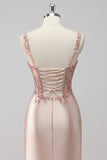 Blush Cetim Sereia Lantejoulas Long Prom Dress com Fenda