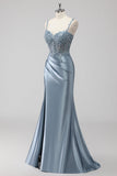 Blush Cetim Sereia Lantejoulas Long Prom Dress com Fenda