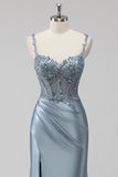 Blush Cetim Sereia Lantejoulas Long Prom Dress com Fenda