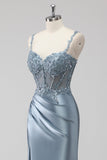 Blush Cetim Sereia Lantejoulas Long Prom Dress com Fenda