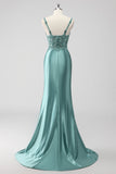 Sereia de lantejoulas verdes cetim Ruched longo vestido de baile com fenda