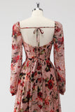 Vestidos Para Casamento Convidada Rosa Poeirenta Floral Corset Linha-A Mangas Longas