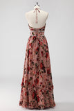 Vestido De Baile com Fenda Rosa Poeirenta Cabeçada Linha-A Floral