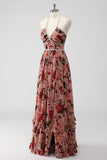 Vestido De Baile com Fenda Rosa Poeirenta Cabeçada Linha-A Floral